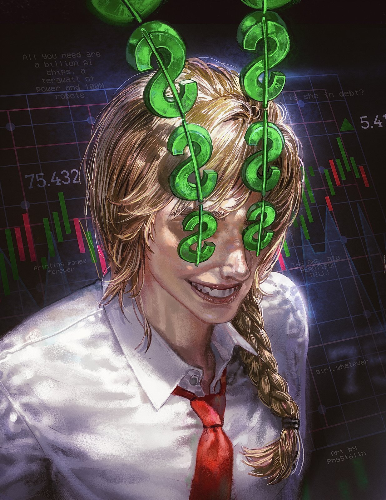 Portrait with green currency symbols across the eyes against a candlestick chart