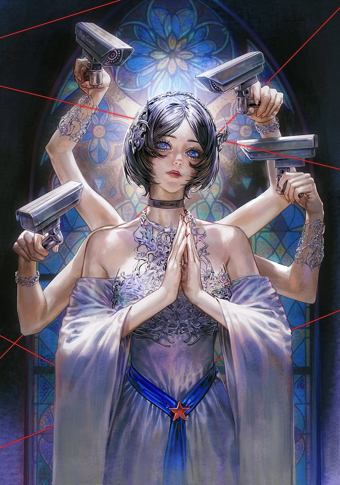 Figure in prayer before a stained glass window, surrounded by security cameras