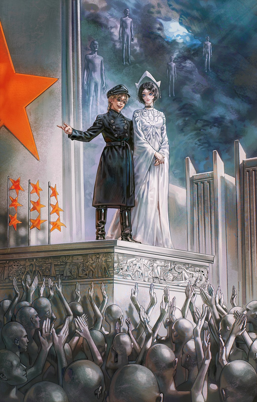 Two figures on a monument above a crowd, beneath a red star