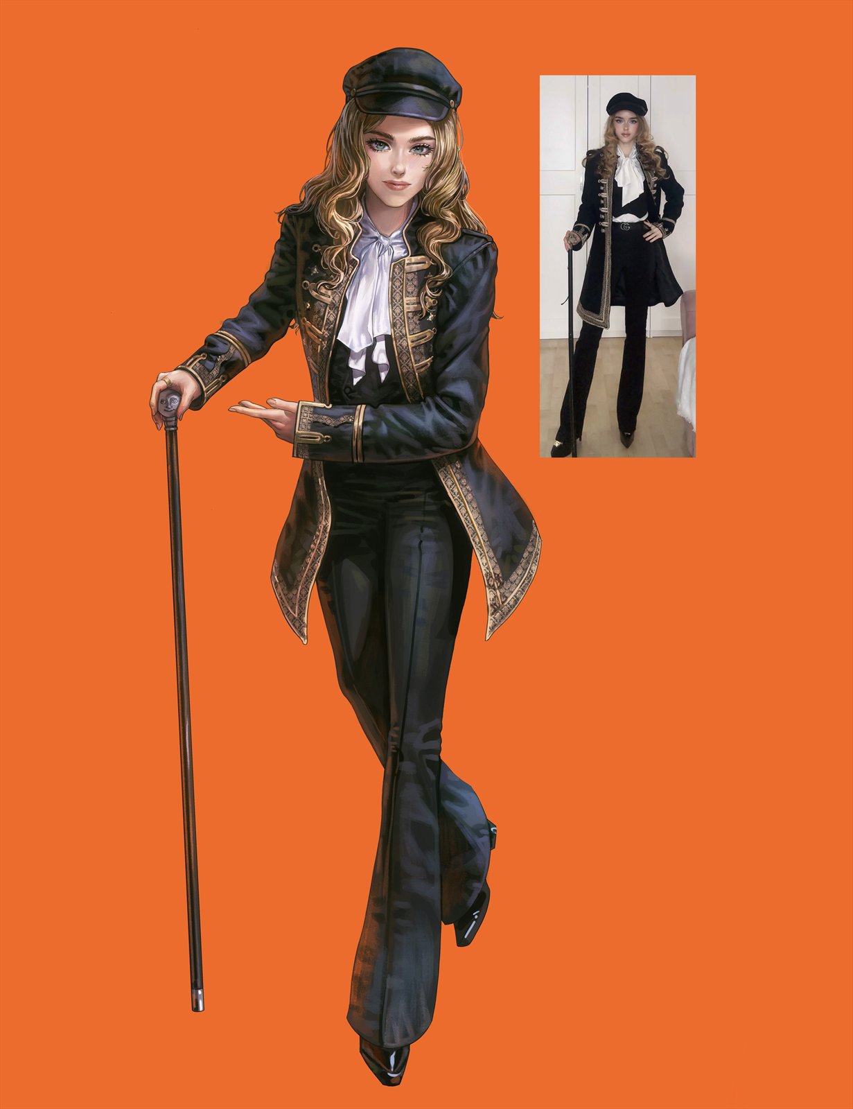 Character design of a figure in a tailcoat with a cane on an orange field, with reference photo inset