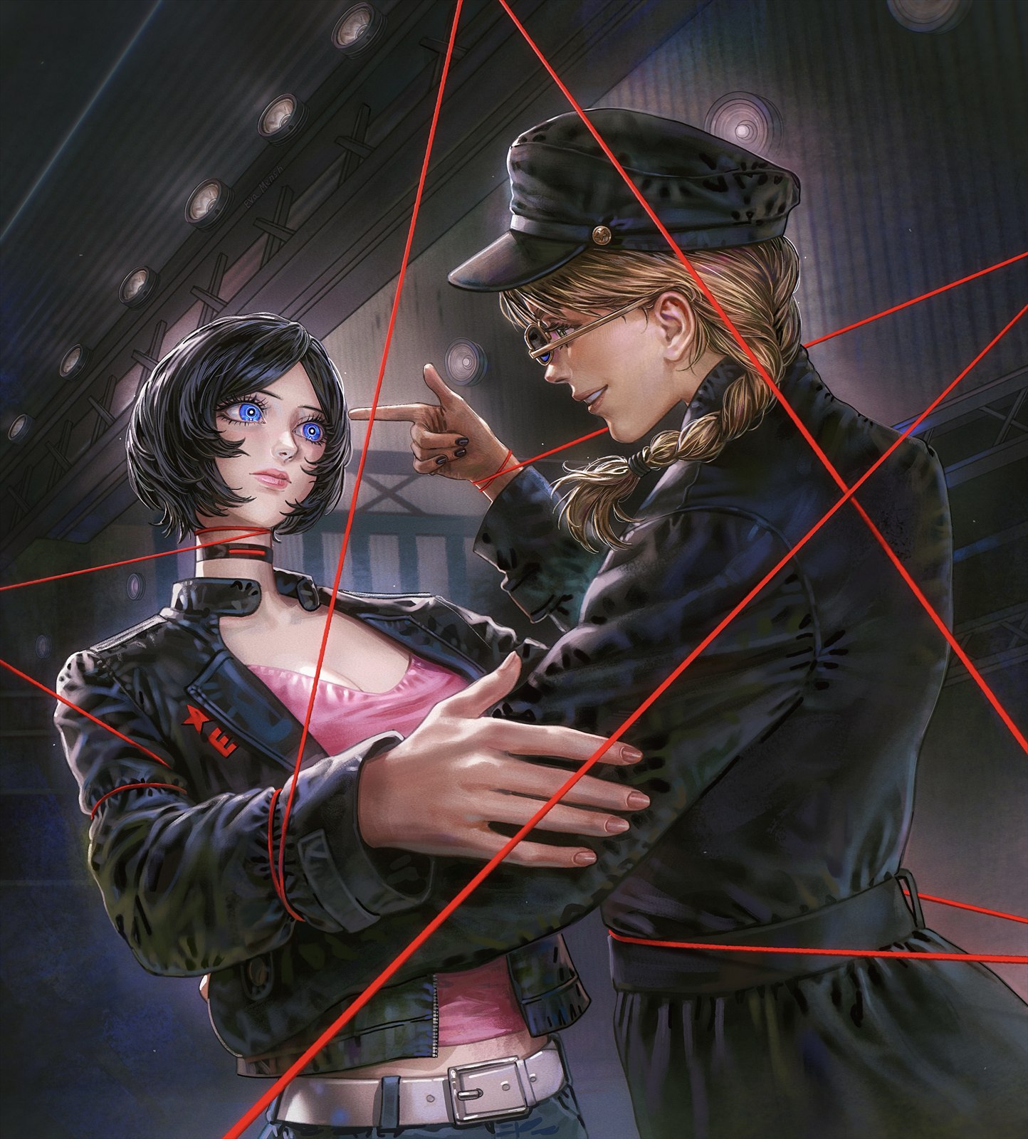 Two figures close together under red laser lines
