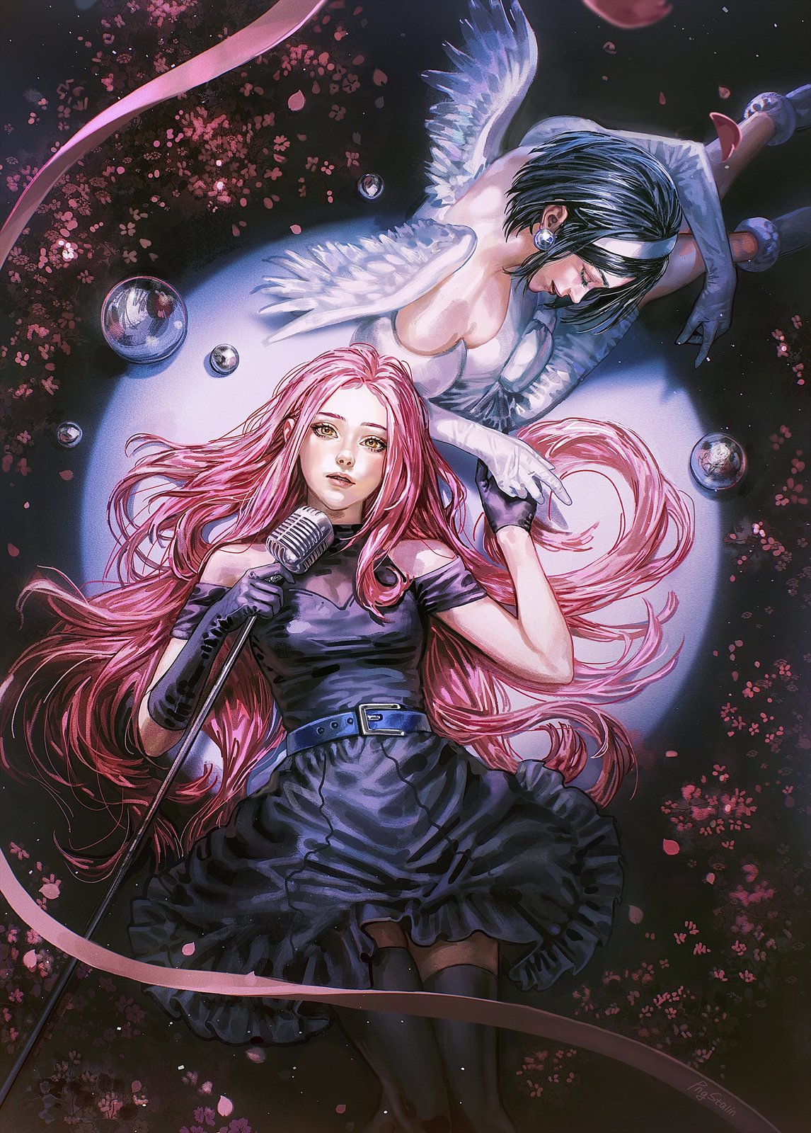 Pink-haired singer holding a microphone with a winged figure above, among falling petals