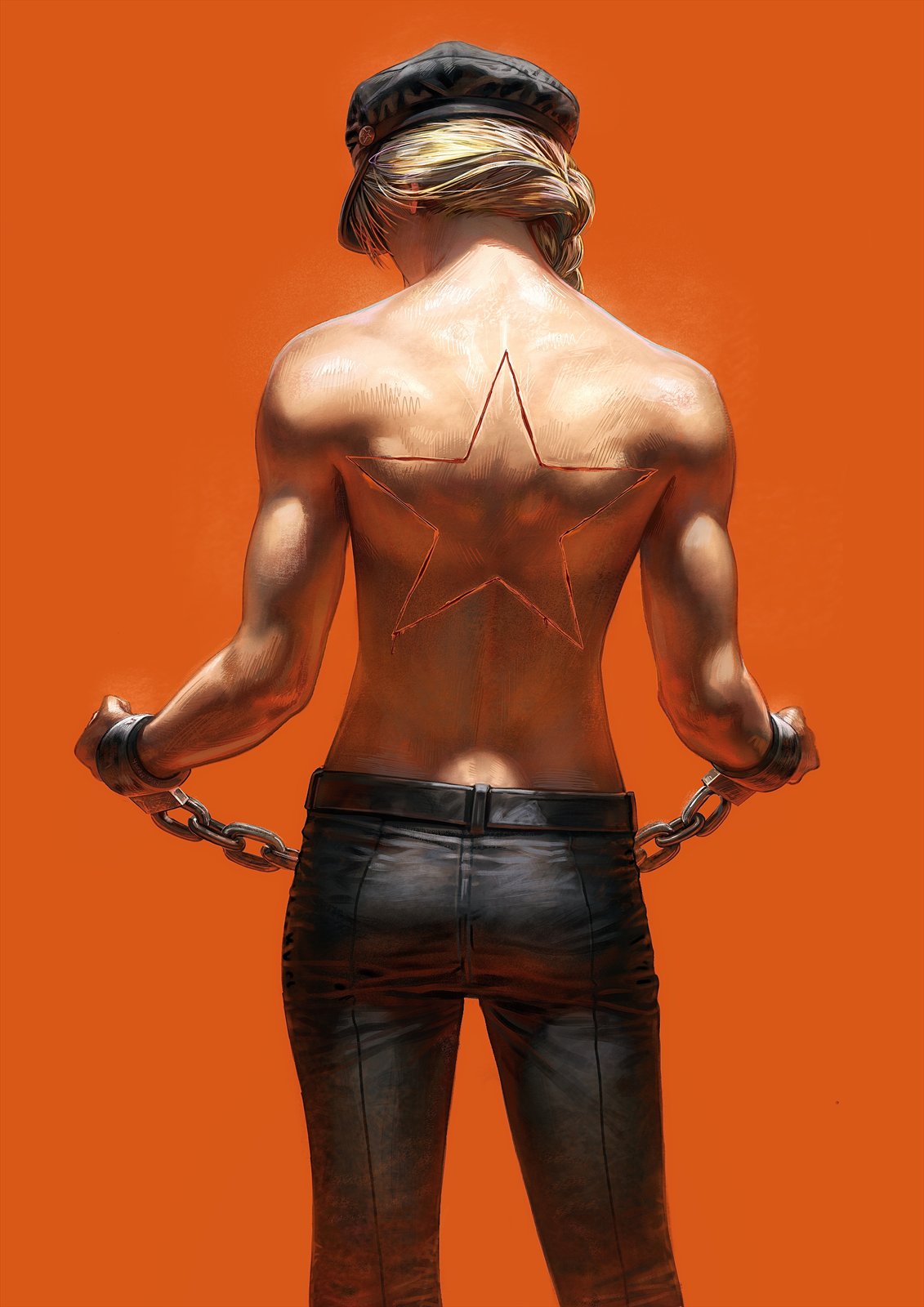 Figure seen from behind with a star marked on the back, holding broken chains, on an orange field