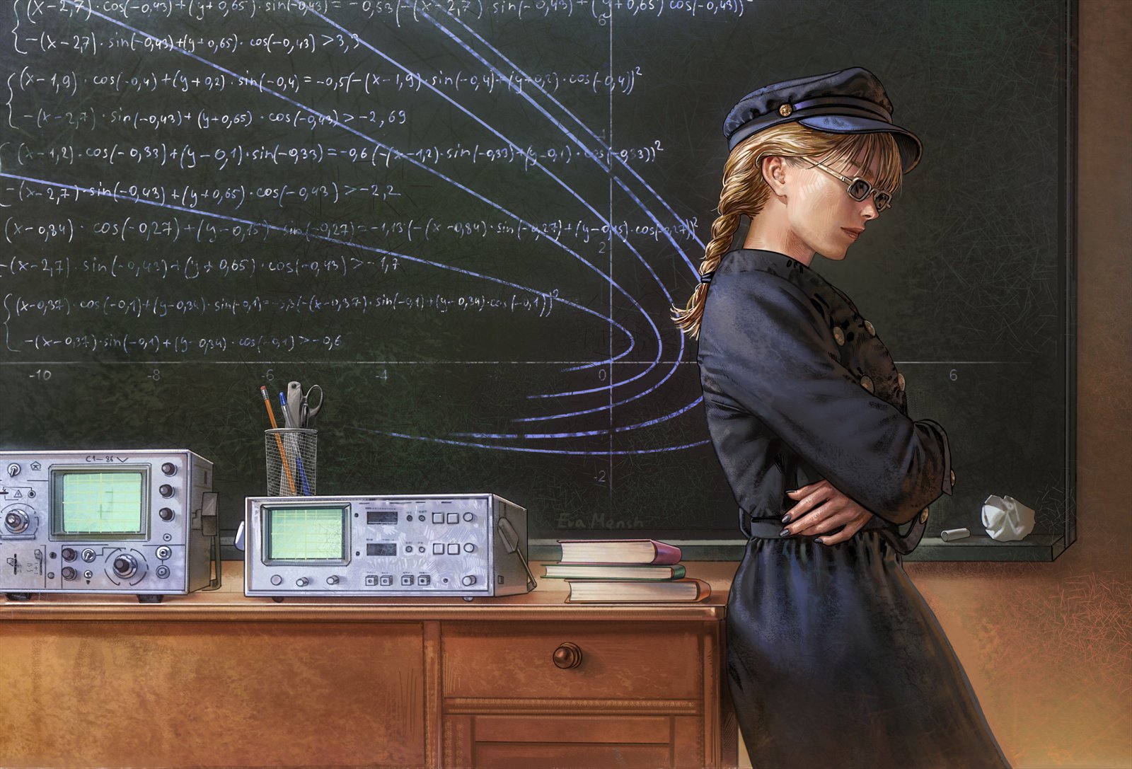 Figure in a peaked cap beside a blackboard covered in handwritten equations