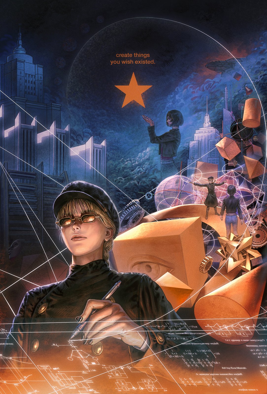 Artist at a drawing tablet surrounded by a city of geometric forms and a large orange star
