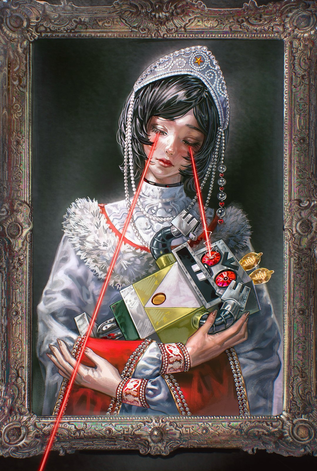 Figure in a jewelled headdress inside an ornate frame, crossed by red laser lines