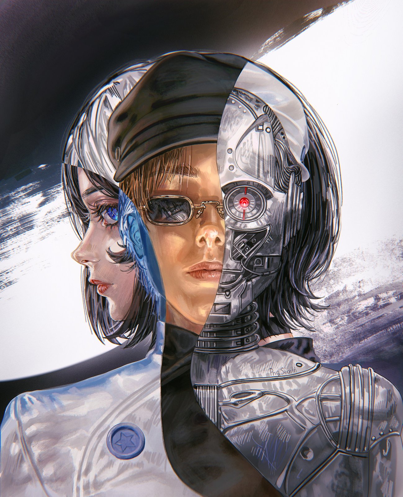Split portrait, half human and half chrome android, against a planet